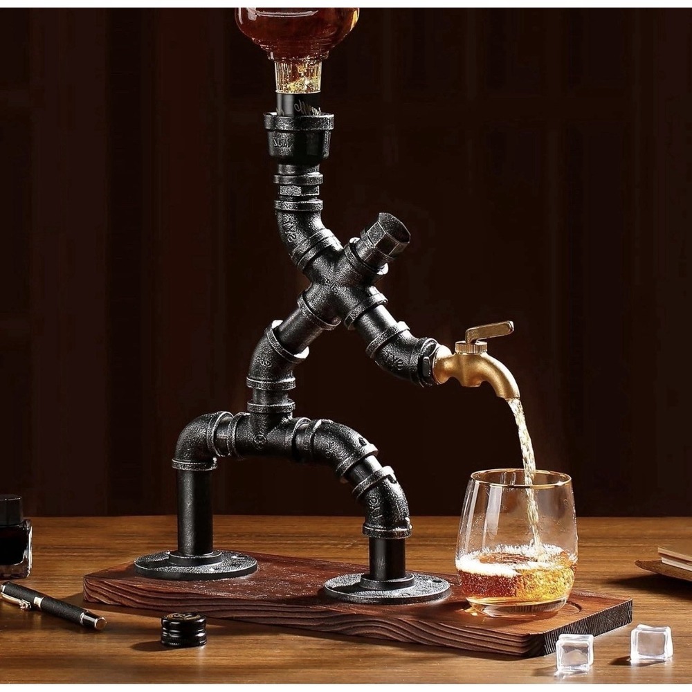 Handcrafted Liquor Dispenser Steampunk Metal Pipe Industrial Decor Wood Platform